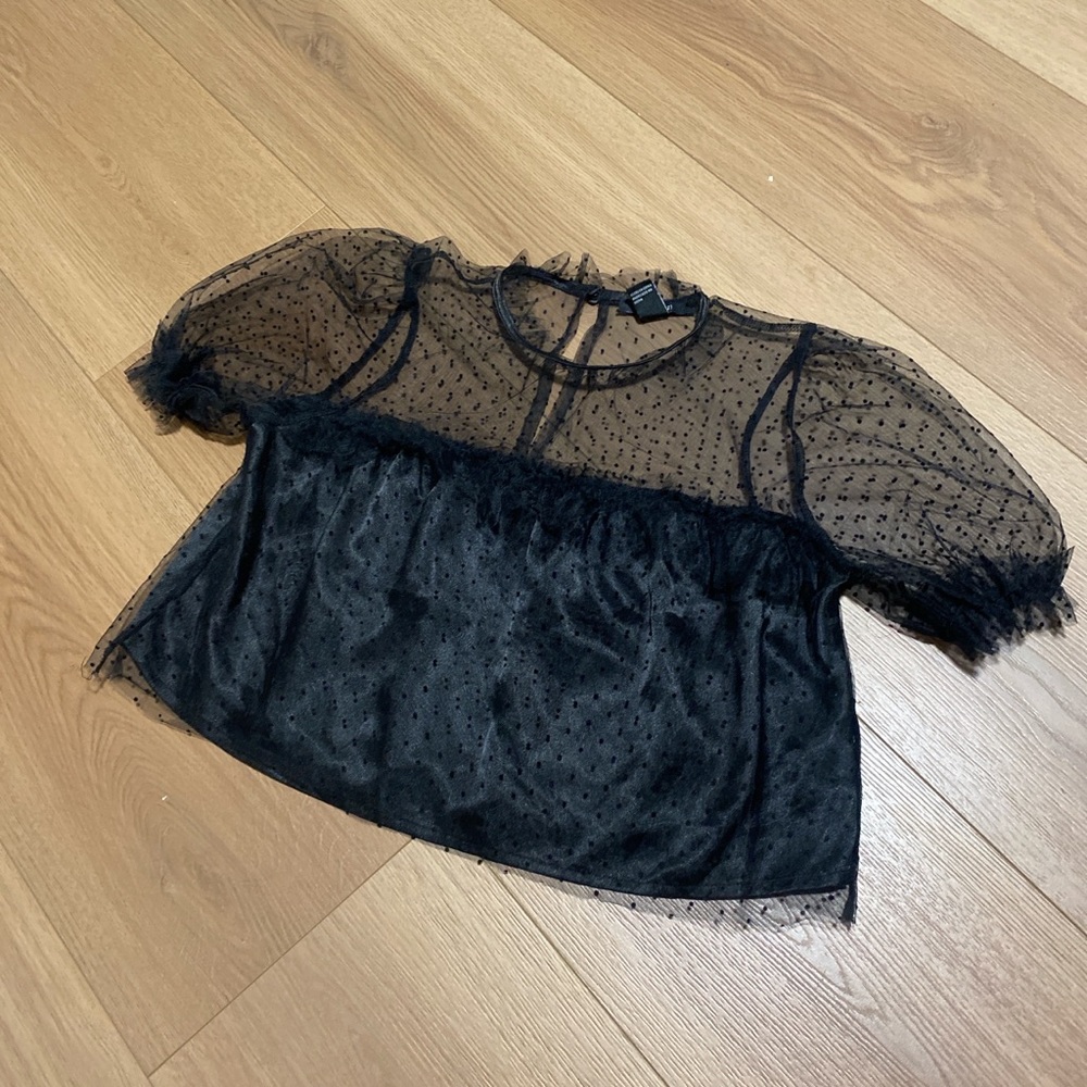 Forever 21 Women’s Black Sheer Polka Dot Blouse, Size SMALL